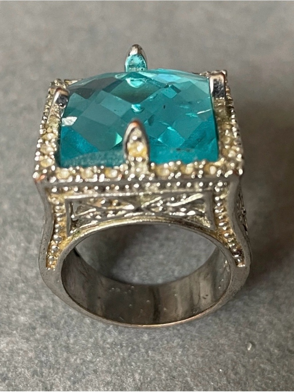 Silver Colored Statement Ring with Blue Cushion Reproduction Gem